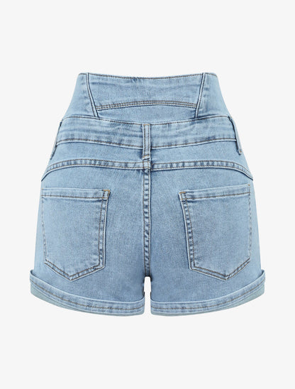 Short en jean à taille haute élastiquée - Denim clair - 2