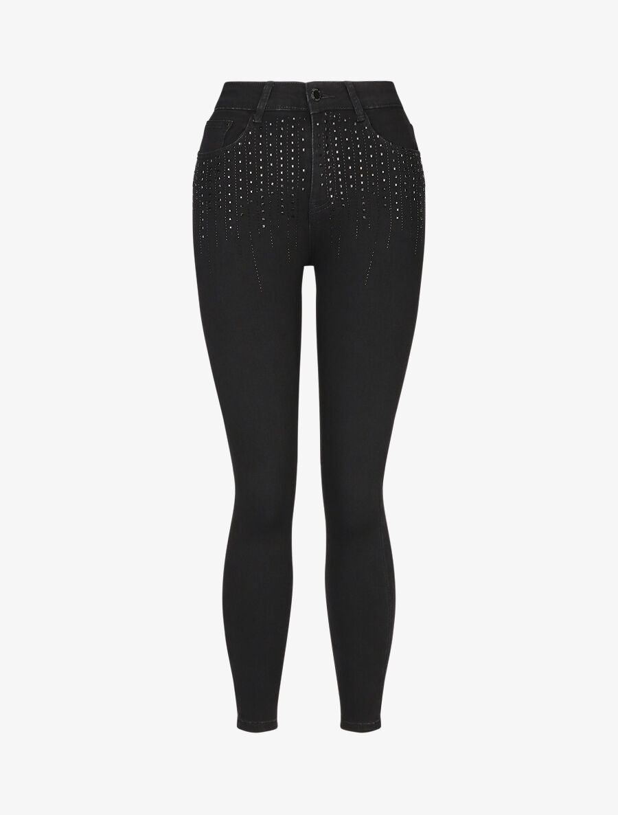 Jean skinny taille haute à strass - Noir - 1
