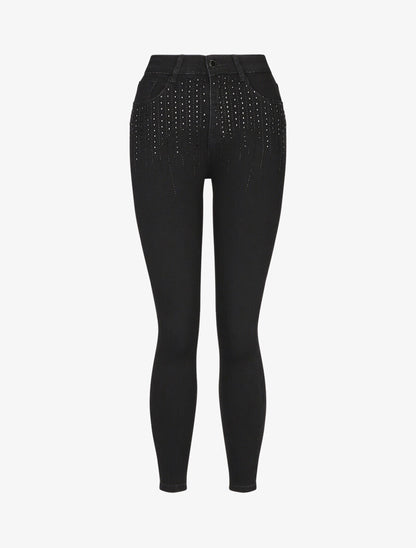 Jean skinny taille haute à strass - Noir - 1