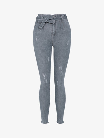 Jean taille haute à coutures contrastantes - Gris - 4