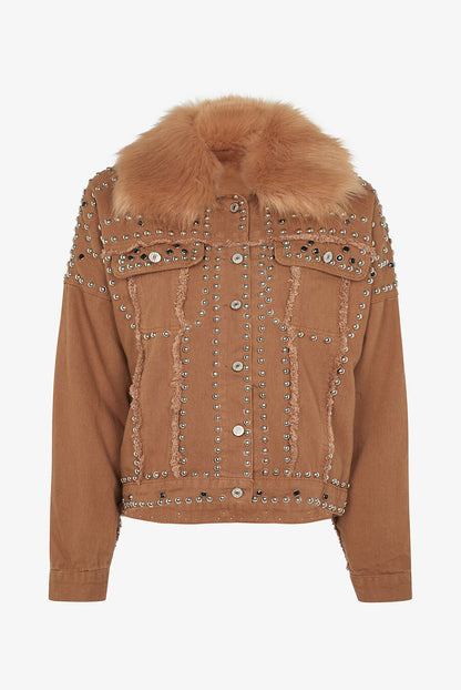 Veste en jean cloutée doublure amovible - Camel - 5