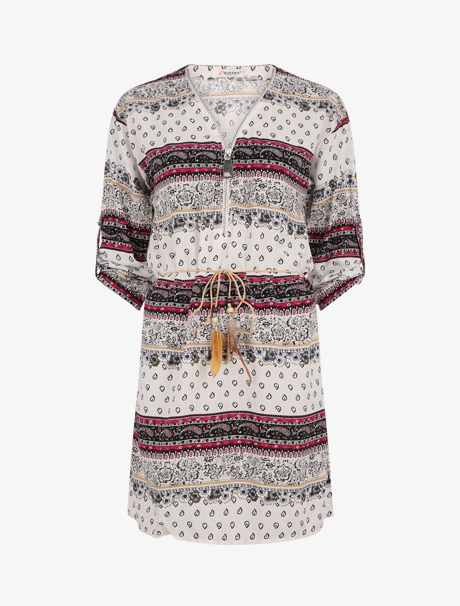 Robe fluide à col zippé imprimé mosaïque et fleurs - Blanc - 4