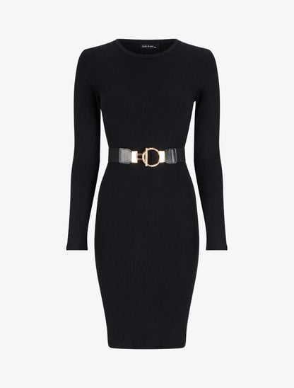 Robe pull unie à ceinture stylisée - Noir - 1