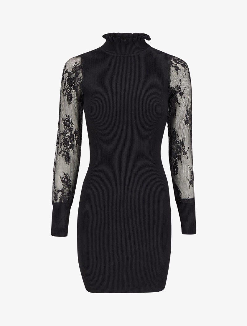 Robe pull côtelée à col volanté et manches en dentelle - Noir - 4