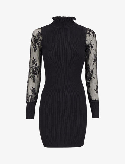 Robe pull côtelée à col volanté et manches en dentelle - Noir - 4