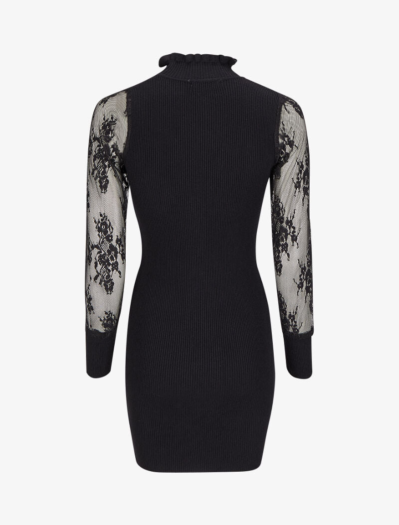 Robe pull côtelée à col volanté et manches en dentelle - Noir - 2