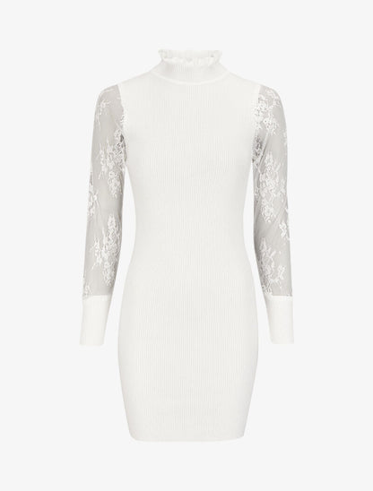 Robe pull côtelée à col volanté et manches en dentelle - Blanc - 1