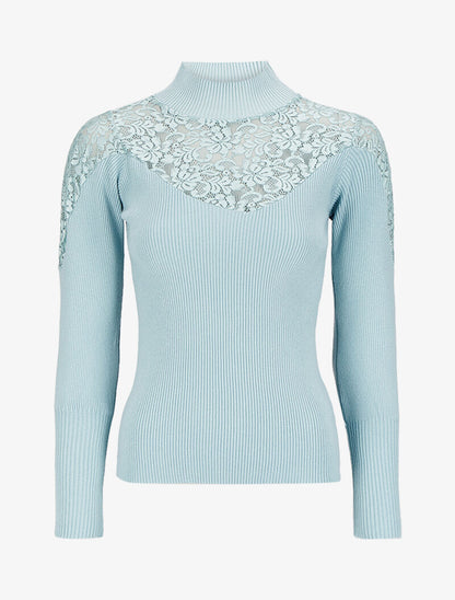 Pull côtelé à épaules en dentelle et col montant - Bleu ciel - 4