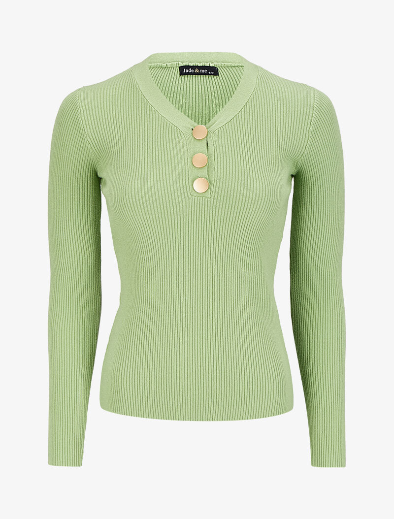 Pull côtelé à col V boutonné - Vert pomme - 1
