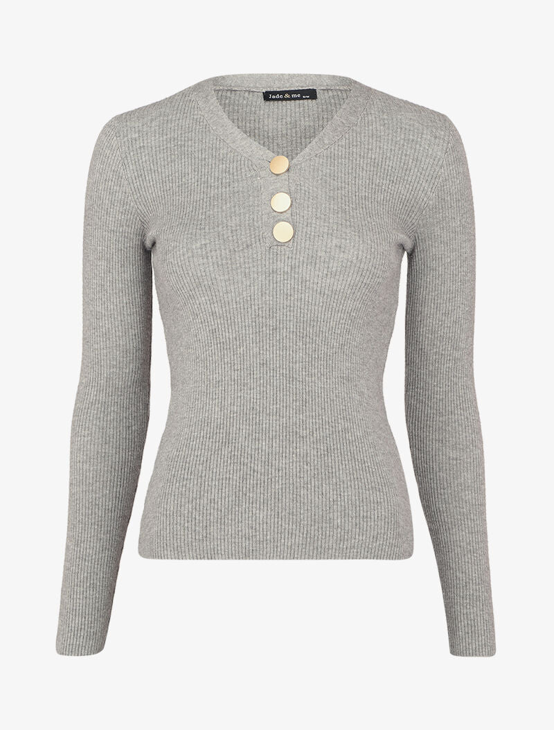 Pull côtelé à col V boutonné - Gris chiné - 1