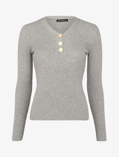 Pull côtelé à col V boutonné - Gris chiné - 1