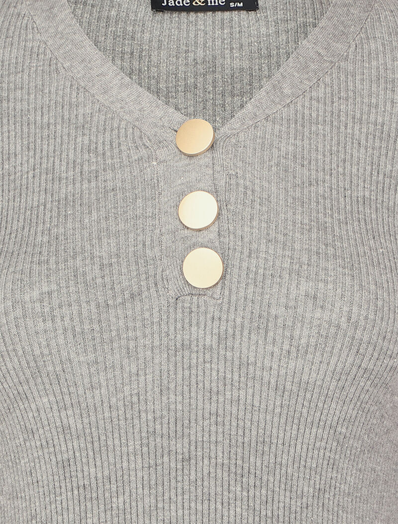 Pull côtelé à col V boutonné - Gris chiné - 3