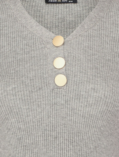 Pull côtelé à col V boutonné - Gris chiné - 3
