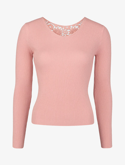 Pull côtelé à dos ajouré en crochet - Rose - 4