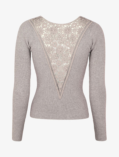 Pull côtelé à dos ajouré en crochet - Gris chiné - 2