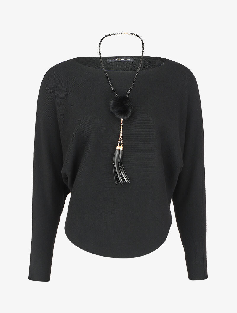 Pull à manches dolman et bords arrondis - Noir - 1