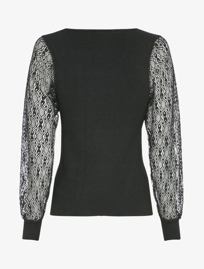 Pull fin à manches en dentelle ajourée - Noir - 2