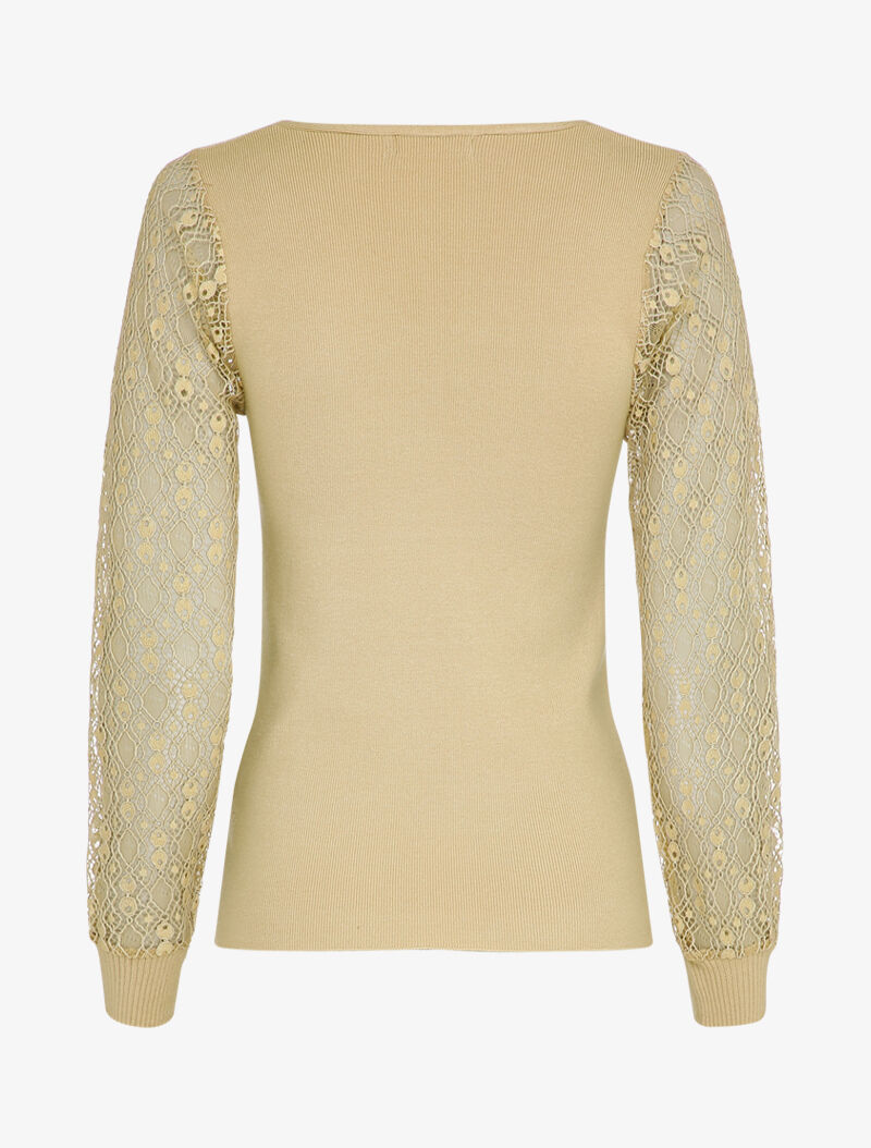 Pull fin à manches en dentelle ajourée - Beige - 2