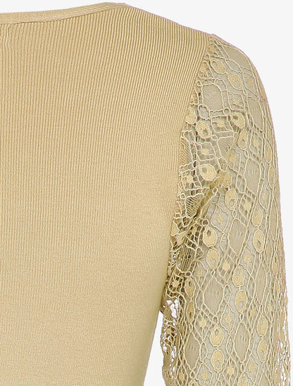 Pull fin à manches en dentelle ajourée - Beige - 3