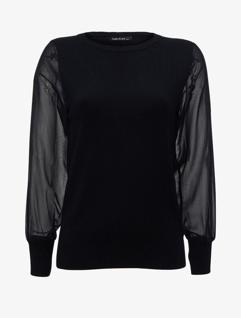 Pull à manches bouffantes en voile transparent - Noir - 1