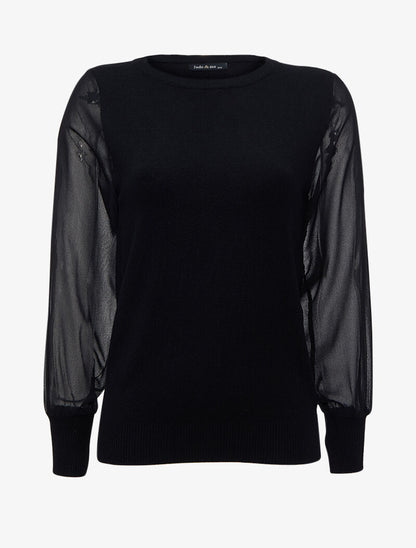 Pull à manches bouffantes en voile transparent - Noir - 1