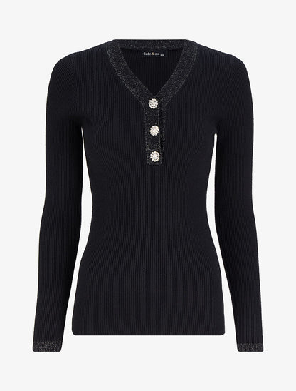 Pull côtelé à col V irisé et boutons en strass - Noir - 1