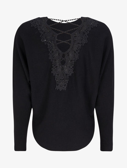 Pull à dos en crochet ajouré et manches dolman - Noir - 2