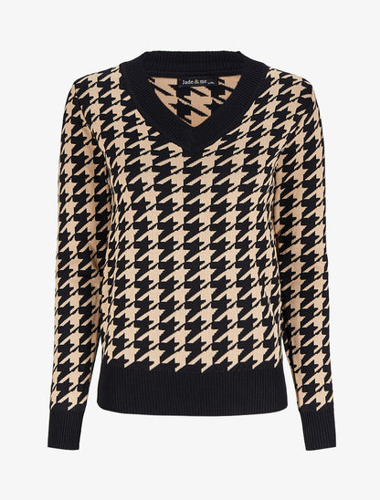 Pull col V à imprimé - Noir/camel - 4