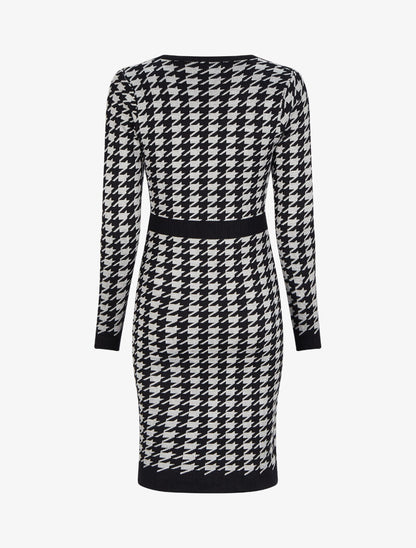 Robe mi-longue col V à imprimé pied-de-coq - Gris/noir - 2