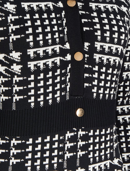 Robe mi-longue col V à imprimé graphique - Noir/blanc - 3