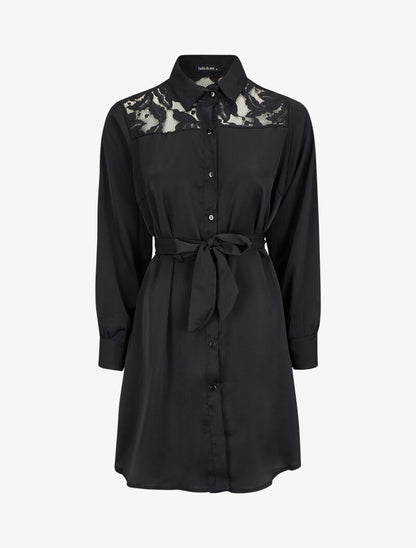 Robe chemise ample à épaules en dentelle - Noir - 4