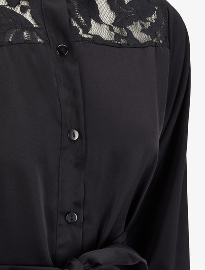 Robe chemise ample à épaules en dentelle - Noir - 3