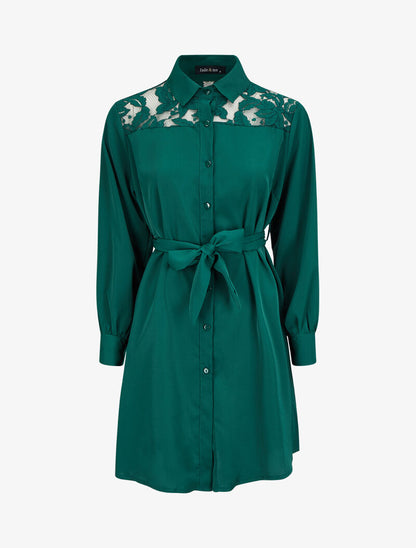 Robe chemise ample à épaules en dentelle - Vert sapin - 1
