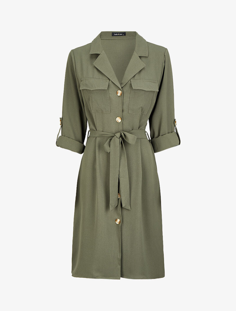 Robe chemise mi-longue à poches à rabats - Olive - 4