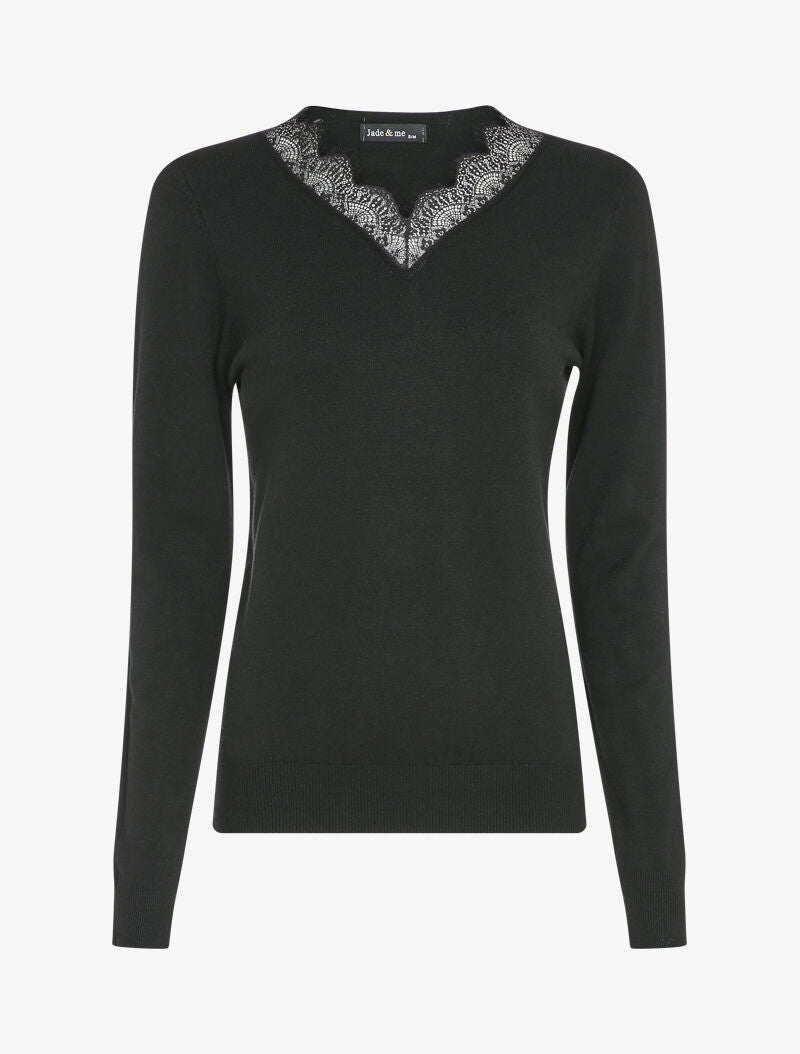Pull à col V en dentelle - Noir - 1