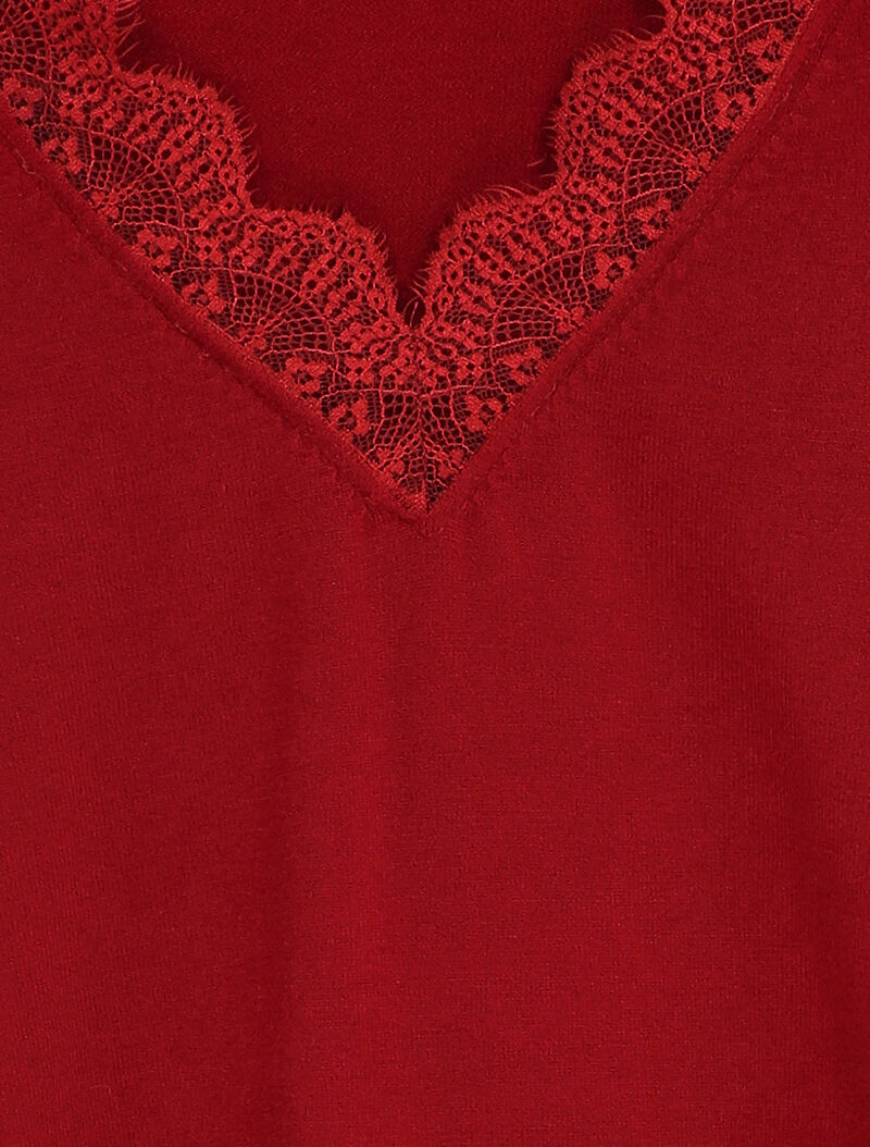 Pull à col V en dentelle - Rouge - 3