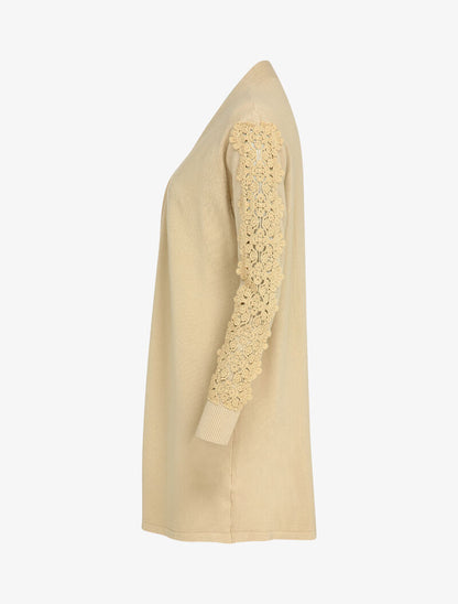 Gilet long à manches à empiècement brodé - Beige - 3