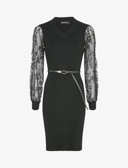 Robe côtelée à manches en dentelle fleurie - Noir - 1