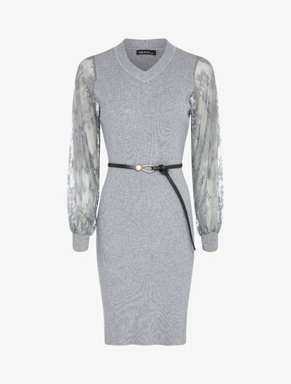 Robe côtelée à manches en dentelle fleurie - Gris - 4