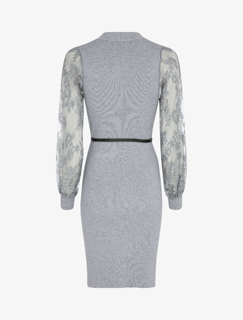 Robe côtelée à manches en dentelle fleurie - Gris - 2