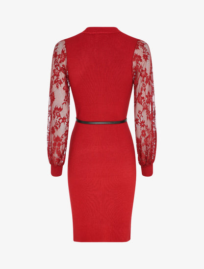 Robe côtelée à manches en dentelle fleurie - Rouge - 2