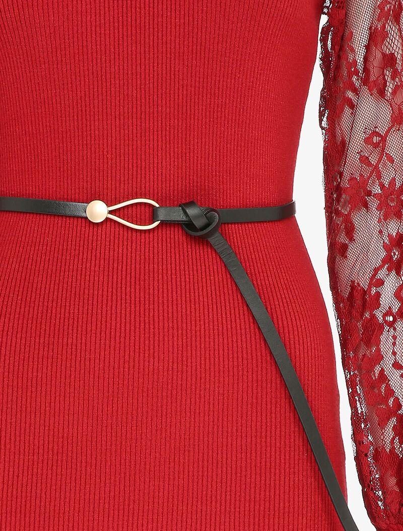 Robe côtelée à manches en dentelle fleurie - Rouge - 3