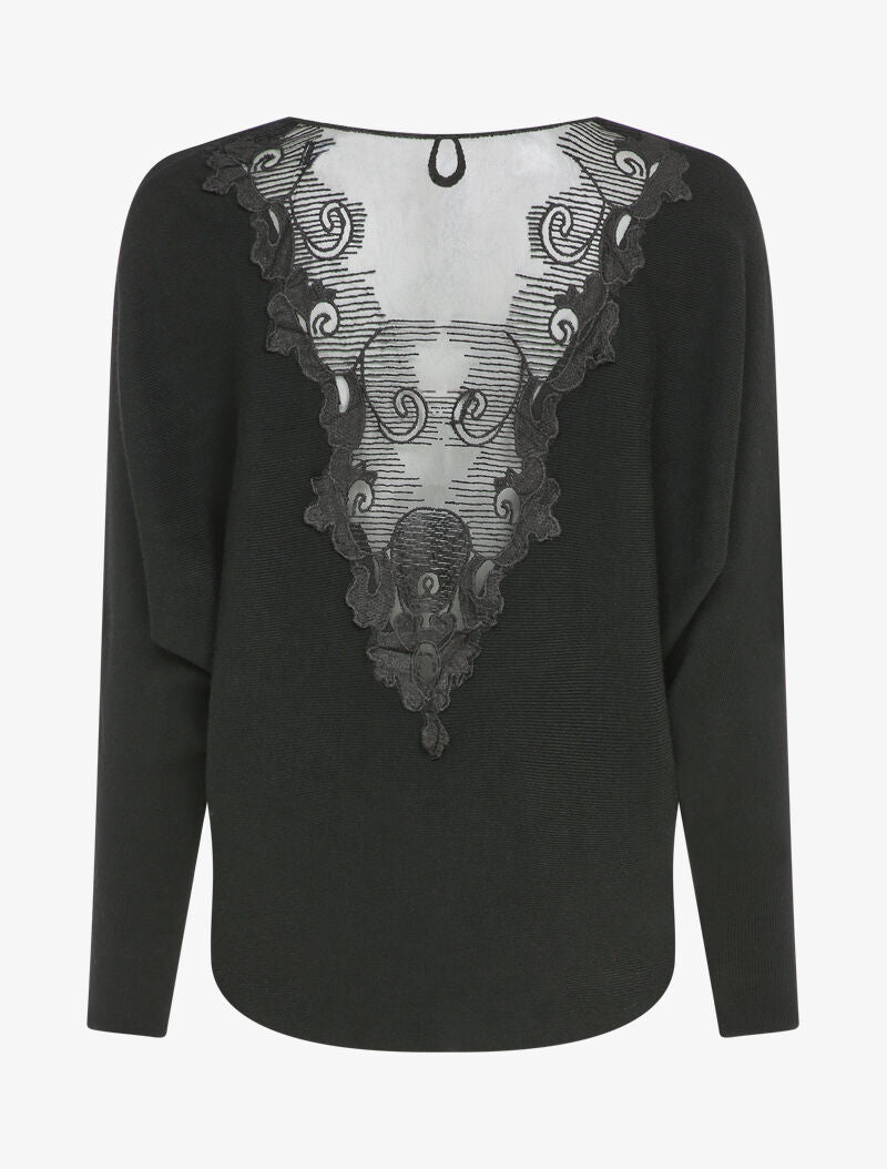 Pull chauve-souris avec dentelle au dos - Noir - 2