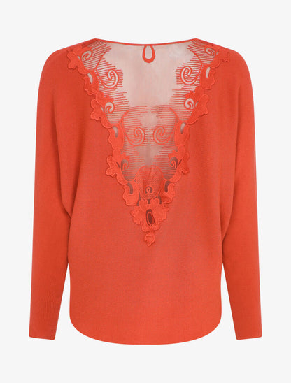 Pull chauve-souris avec dentelle au dos - Rouge - 2