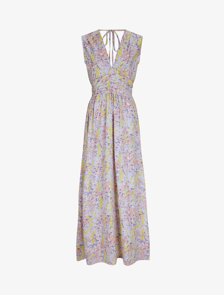 Robe longue à imprimé fleurs printanières - Bleu ciel - 1