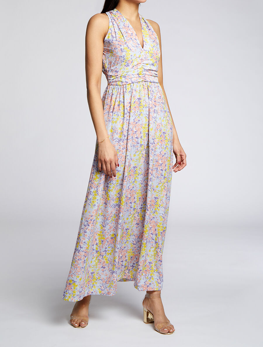Robe longue à imprimé fleurs printanières - Bleu ciel - 4