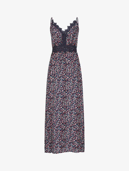 Robe longue à fleurs graphiques et à fines broderies - Marine - 1