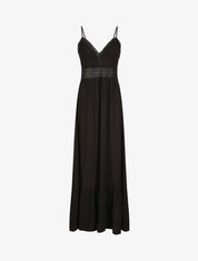 Robe longue à col V en dentelle - Noir - 5