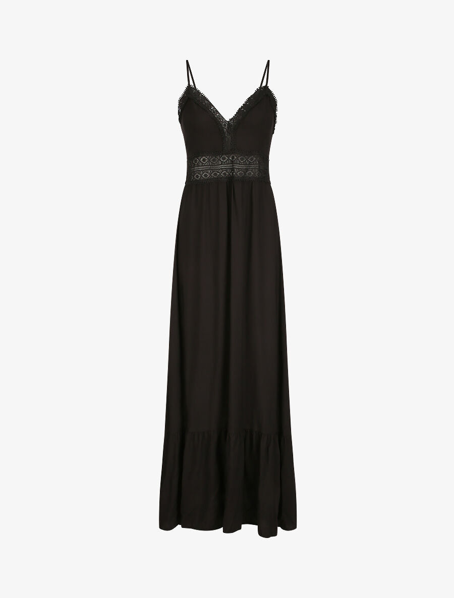 Robe longue à col V en dentelle - Noir - 5