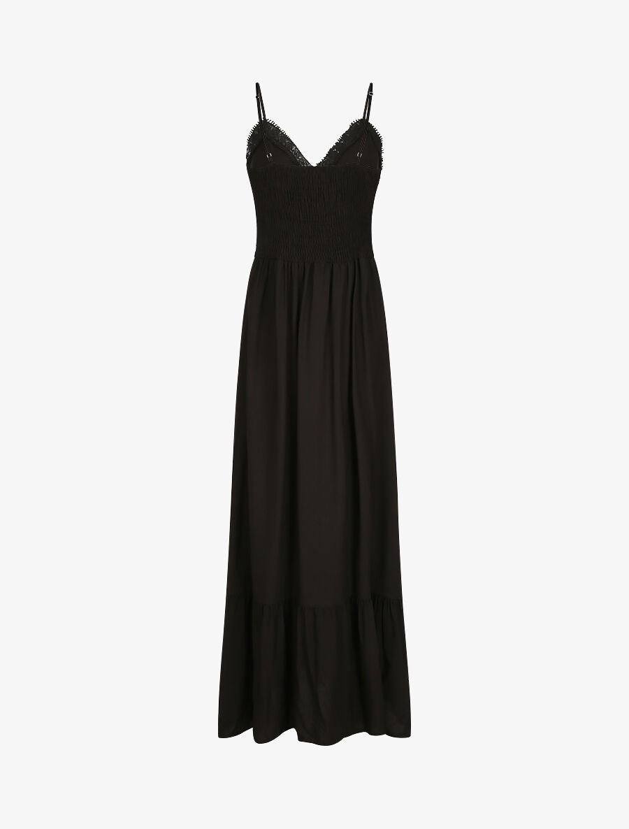 Robe longue à col V en dentelle - Noir - 2